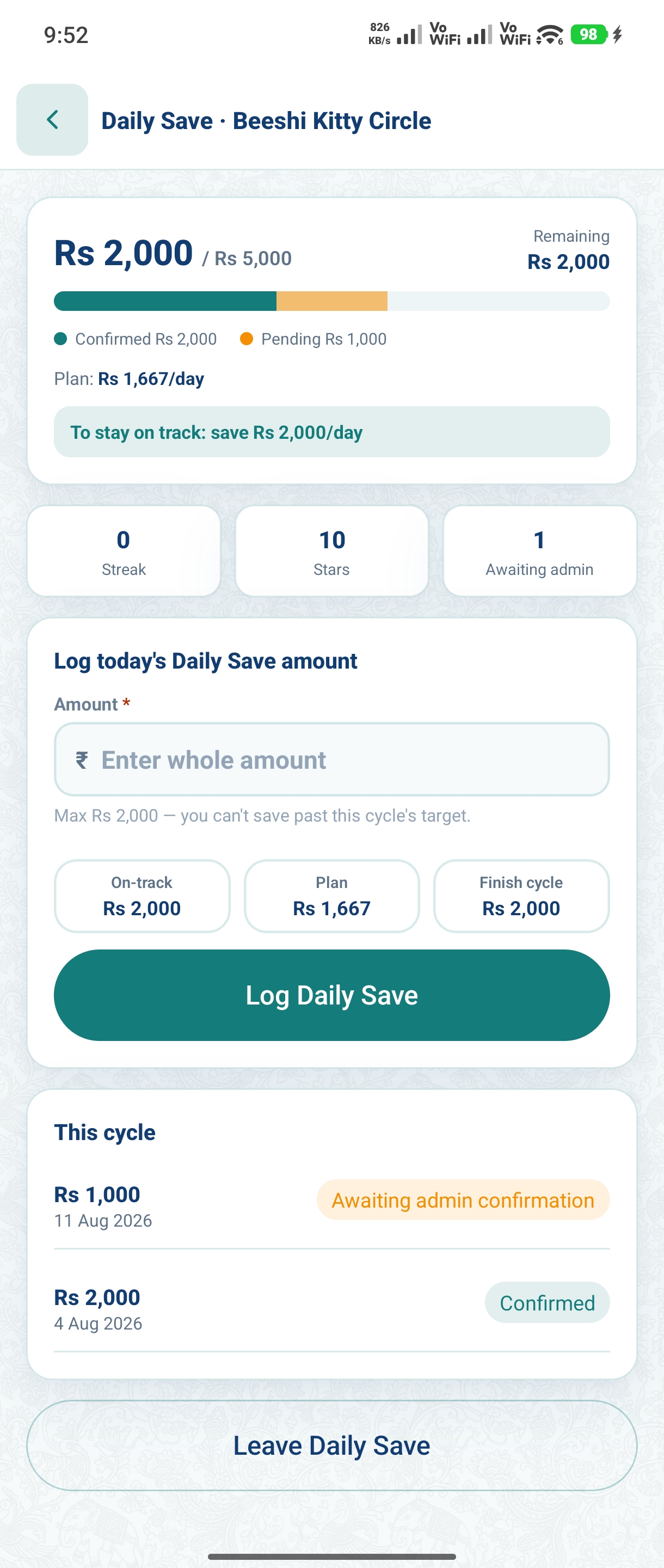 Daily Save in the Beeshi app