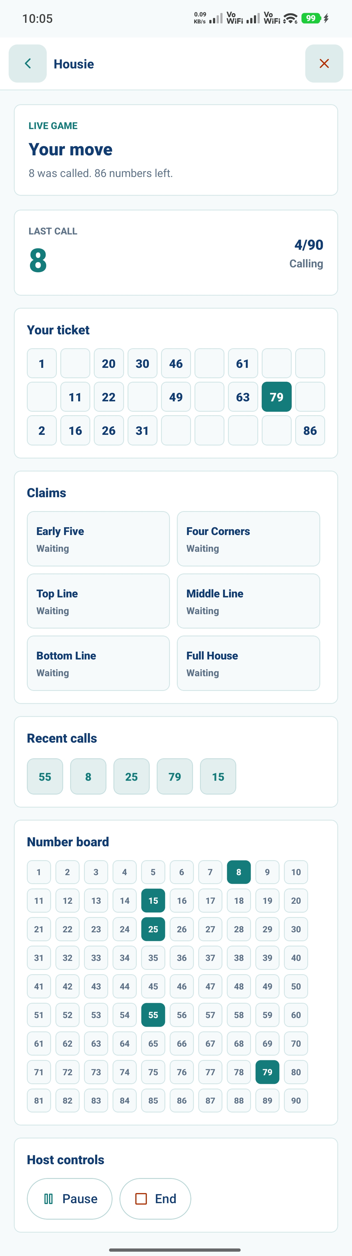 A live Housie game in the Beeshi app