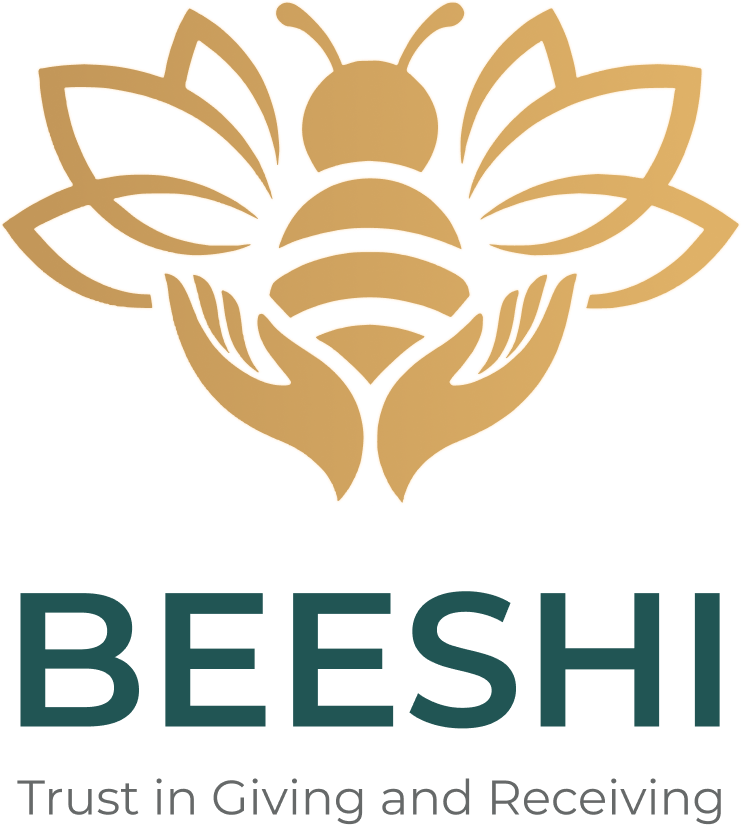 The Beeshi logomark — a bee inside a lotus, cradled by two hands